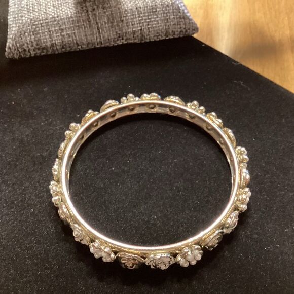 Silvertone Bangle Bracelet with 3D Floral Accents - Picture 7 of 9